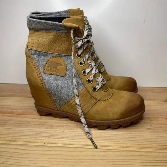 Sorel Joan of Arctic Wedge II Boots Leather Felt Ginger Herb Quarry Ankle Wedge - Picture 2 of 4